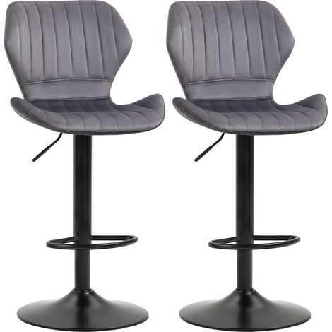 Ensemble de 2 tabourets de bar réglables, siège ergonomique, velours et effet métal, design, dimensions 47x51,5x92-114 cm, couleur gris
