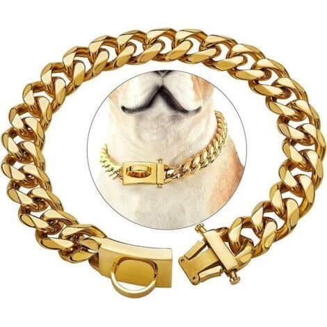 Collier doré pour chien avec boucle de sécurité, collier à maillons en acier inoxydable à mâcher très résistant (doré, 20\") (1/5)