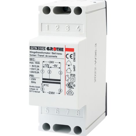 Grothe GTN 3182 Transformador de timbre, 18VA, resistente a cortocircuitos, 14082