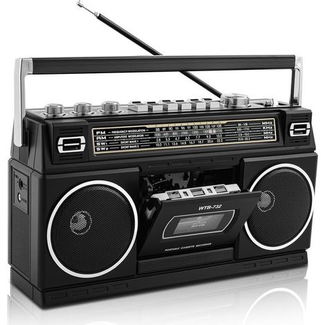 - Altoparlante retrò anni '80 con Bluetooth, lettore di cassette, radio AM/FM/SW, subwoofer da 24 W, slot USB/scheda Micro SD e videocamera portatile per feste. (1/5)