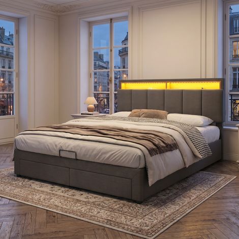 Lit Coffre 140x190cm avec sommier Hydraulique de rangement 2 tiroirs,Tête en avec LED Étagères Ouvertes et Rangement Caché,Lin Gris (1/5)