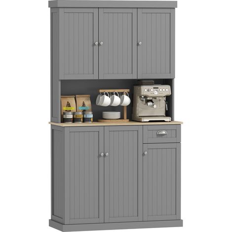 Mobile Dispensa Stile Country con Mensole Regolabili, Armadietti e Cassetto, in Legno, 101x39x180 cm, Grigio