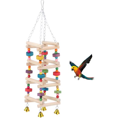 Jouet Pour Perroquet - Balançoire En Bois Avec Échelle Et Perles Colorées - Accessoire De Cage Pour Oiseaux - 1 Pièce (1/5)