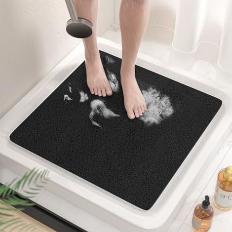 Tapis de Douche Antiderapant, 60x60cm Tapis de Baignoire Antidérapant sans Ventouse, Doux PVC Luffa Tapis de Bain pour Salle de Bain, Séchage Rapide, Drainage Efficace,Noir (1/4)