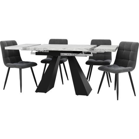 Set de comedor extensible 5 piezas MDF efecto mármol gris con 4 sillas de terciopelo (1/5)