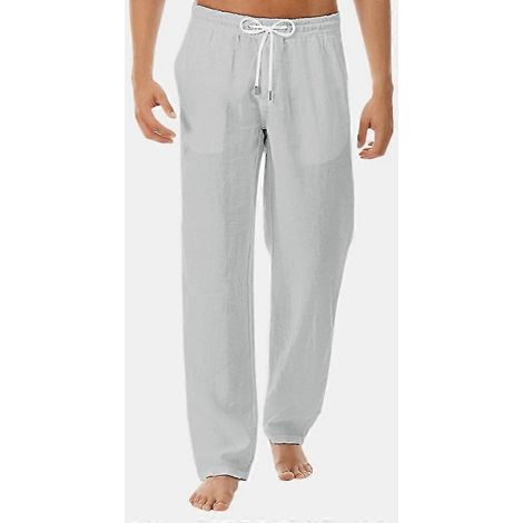 Herren-Hose in Leinenoptik, Baggy-Hose mit elastischem Bund, lässige Strand- und Yogahose-M-Gray