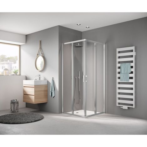 Kermi LIGA demi-pièce d’angle à gauche E2L 1200 x 1850mm argent satiné verre trempé transparent Clean (1/5)