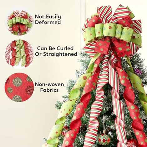 Nœud papillon vert, rouge et blanc de 114 cm à rayures et à pois, grand nœud cadeau pour décorer le sommet du sapin de Noël sur le thème des fêtes. (1/4)
