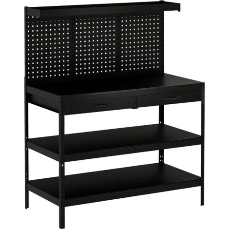 Postazione di lavoro robusta e resistente con ripiani regolabili, pannelli forati e due cassetti. Dimensioni: 122 x 61 x 156 cm. Colore nero. Spedizione dal sito. (1/5)