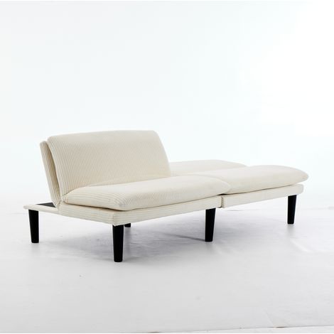 CAIziCanapé 2 places beige à dossier réglable sur 3 positions, 106-140-180° – pieds ronds en plastique noirs, revêtement en velours effet côtelé, structure à lattes en bois, canapé lounge décontracté  (1/5)