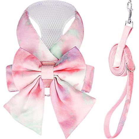 Conjunto de arnés y correa para perros con una linda pajarita, elegante arnés para cachorros con degradado arcoíris, arnés de malla suave antitirones para gatos y perros, arnés tipo chaleco, XS-rosa (1/5)