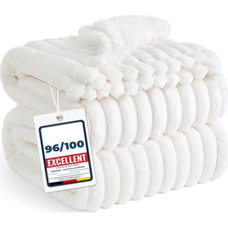 Couverture Moelleuse en Polaire – Couverture Douce et Chaude en Cordon Grossier pour lit et canapé Laine Blanche, 230 x 270 cm