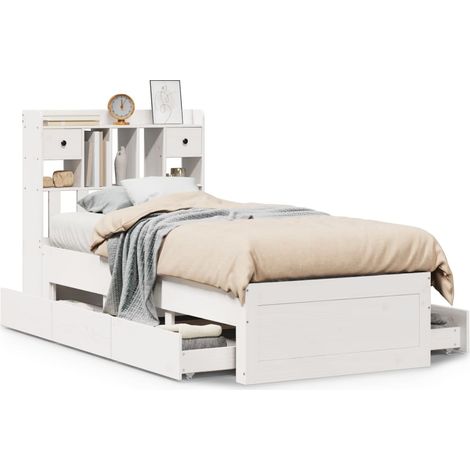 Lit simple  Lit adulte  Lit bibliothèque sans matelas blanc 75x190cm bois de pin massif