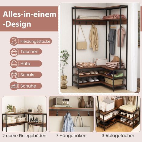 Eck garderobenstander mit sitzbank l formiger kleiderstander mit offenen ablagen 90 x 90 x 178 cm walnuss