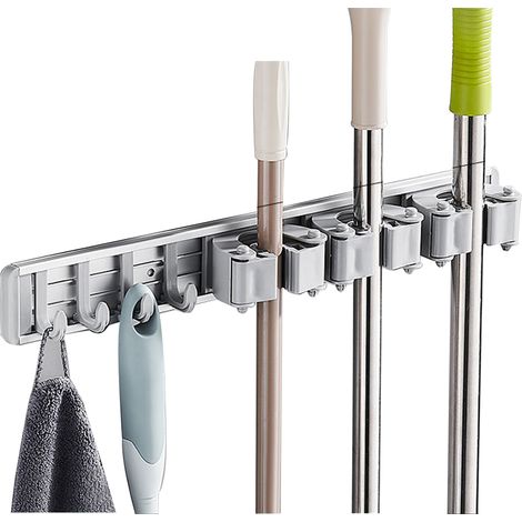 Soporte de pared para escobas y fregonas con ganchos, fabricado en aluminio, no requiere clavos ni taladros, ideal para la cocina, el baño y el jardín. (1/5)