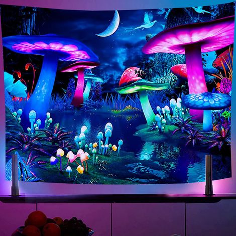 150X100cm Tapisserie Champignon Tenture Murale Psychédélique - multicolore Fluorescence tapestry uv Hippie Tapisseries Murales foret Indienne Tenture (1/4)