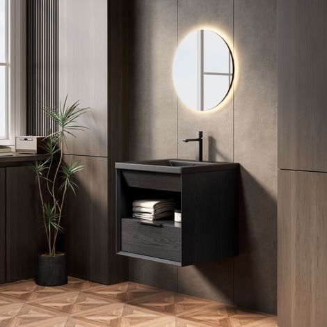 Mueble de baño suspendido con lavabo cerámico integrado bajo encimera estantes y cajones acabado color madera negra (1/5)