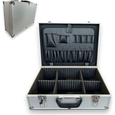 Valigetta porta utensili in alluminio chiudibile a chiave con 6 scomparti e panello porta minuterie (1/5)