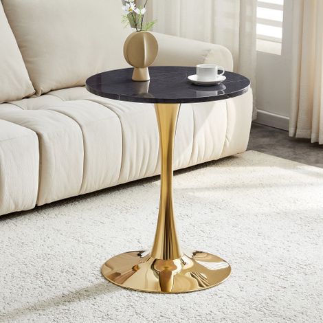 Runder 60cm Beistelltisch / kleiner Esstisch aus MDF: Tischplatte mit hochwertiger Thermoform-Technologie, schwarze Marmoroptik, goldene Stützkonstruktion – perfekt für europäische Wohnräume.