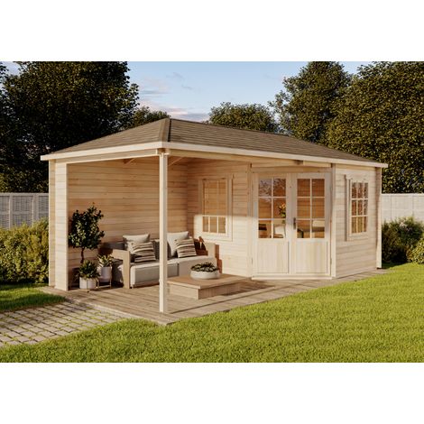 Alpholz – Abri de jardin bois pentagonal Moselle 40 mm – Dimensions 614 x 317 cm – Double porte en bois – 2 fenêtres ouvrantes (1/4)
