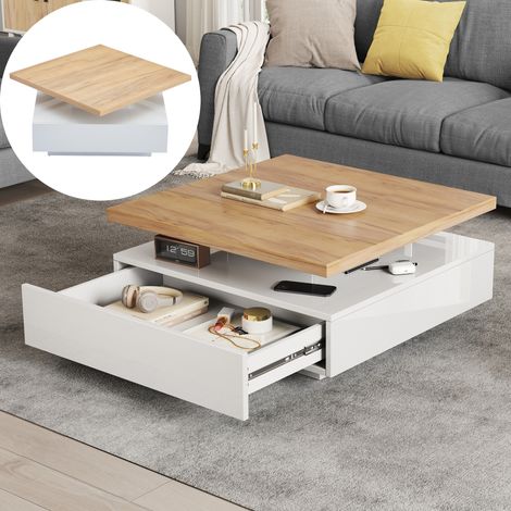 Table basse 70x70x36 cm, rotative 360° avec tiroir et étagère de rangement, design 2 niveaux, table d'appoint pour salon - Blanc + couleur bois (1/5)