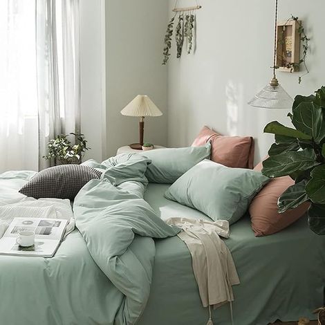 Housse de Couette 220x240 + 2 Taie d'oreiller 65x65cm Vert Clair (1/3)