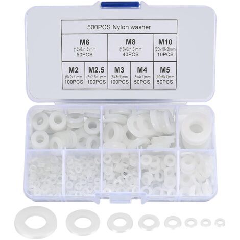 500 pièces rondelle plate en nylon, rondelle plate isolée joint rond joint d'étanchéité kit d'assortiment de tuyaux-M2/M2.5/M3/M4/M5/M6/M8/M10 (Blanc) (1/5)