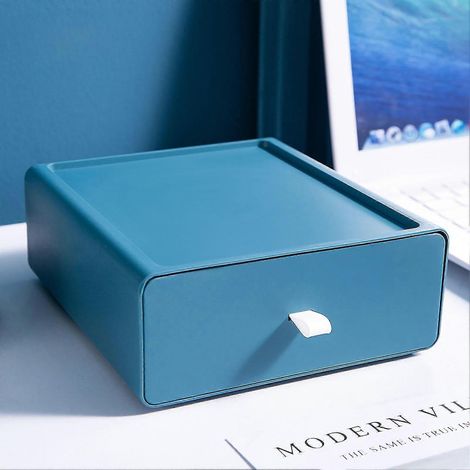 Boîte de rangement de bureau avec tiroir, grande capacité de charge, empilable, bleue, compatible avec la papeterie et autres articles. (1/5)