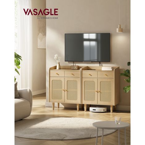 Buffet, Meuble de Rangement, Placard avec Portes et Tiroirs en Rotin, Étagère Réglable, Style Bohème, pour Salle à Manger, Salon, Beige Chêne (1/5)