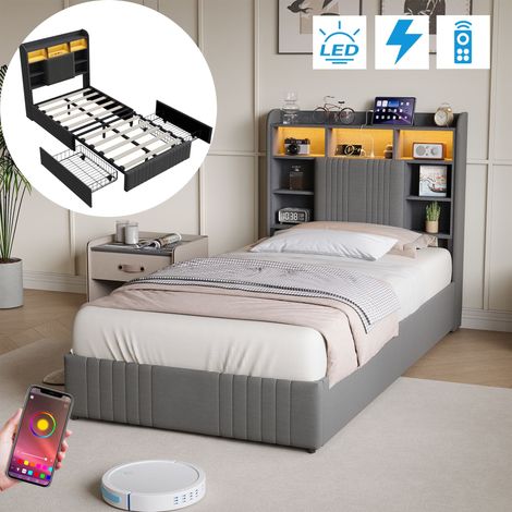 Letto singolo 90x190 cm con 2 cassetti, in lino, testiera contenitore con LED, rete a doghe, stile moderno - Grigio
