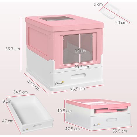 Bac à litière pour chat en polypropylène étanche à 2 portes (avec pelle et plateau amovible), 47,5 x 35,5 x 36,7 cm, rose et blanc (1/5)