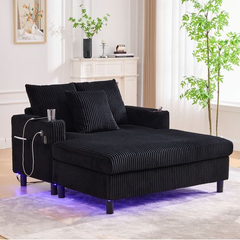 Sillón relax chaise longue 142x128x85 cm negro con LED, USB y portavasos, pana MEUBLIV (1/5)