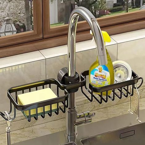 Support Pour Éponge De Robinet De Cuisine Organisateur Pour Évier Au-dessus Du Robinet Support De Vidange De Robinet Suspendu Pour L'organisation De L'évier (Noir-Double) (1/5)