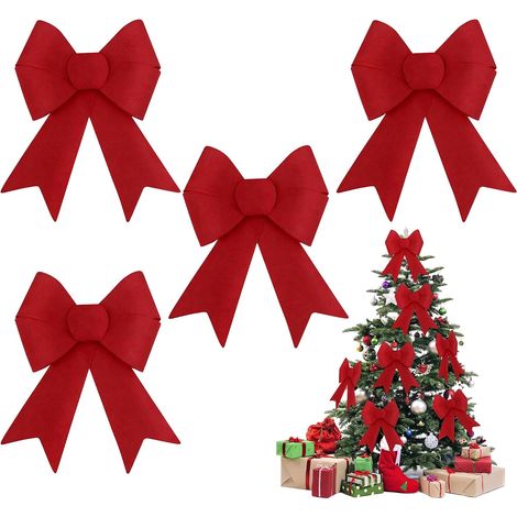 4 gros nœuds velours rouges 21x31 cm, décoration pointe sapin et cadeau Noël (1/4)
