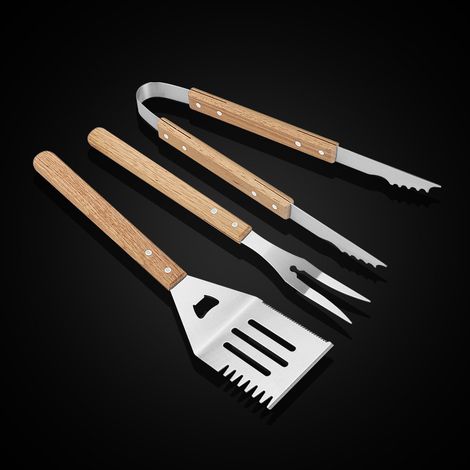 Ensemble de 3 accessoires pour barbecue - pince, spatule et fourchette - avec manches en bois