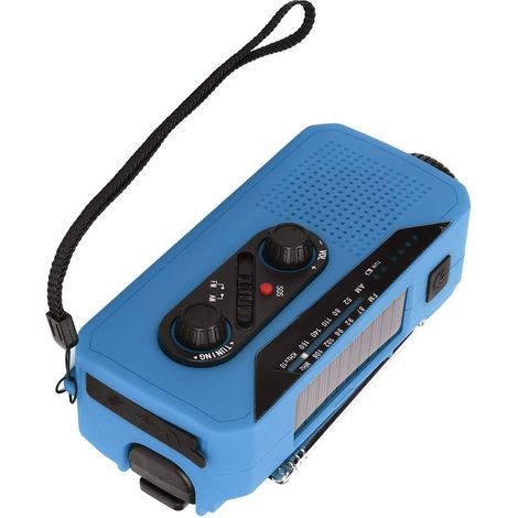 Radio portable solaire d'urgence avec lampe torche LED, batterie 2000 mAh, idéale pour le camping et la randonnée (bleu, type UE). (1/5)