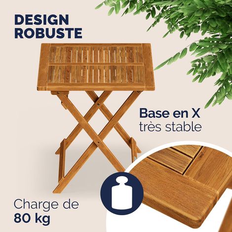 Table basse pliante en bois d'acacia – 70 x 70 x 73 cm – Charge max 80 kg – Pour jardin, balcon, camping et extérieur – Bois pré-huilé (1/4)