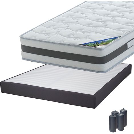 SEYCHELLES - Pack Matelas 160x200 + Sommier Tapissier Démontable 2x20 Lattes Anthracites + Pieds Anthracites 15cm (1/5)