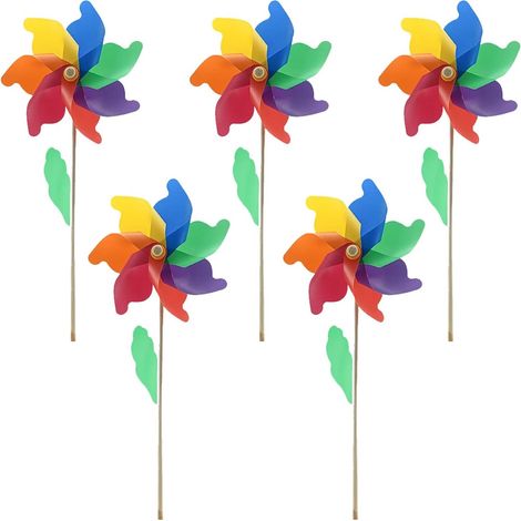 Lot de 5 moulins à vent colorés en plastique arc-en-ciel pour cour, jardin, pelouse, terrasse, décoration extérieure de fête (5 pièces) (1/5)