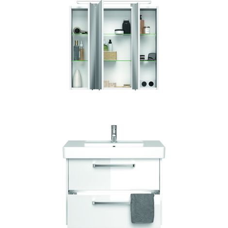 Waschplatz-Badmöbel FES-3050-66 Unterschrank in Hochglanz weiß mit LED-Band und Keramikbecken - B/H/T: 80/200/45cm (1/5)