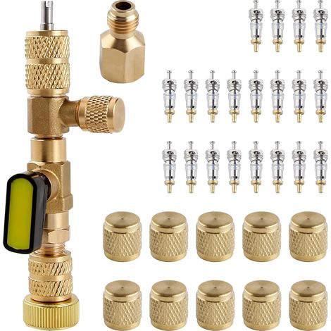 Outil d'installation de Noyau de Valve avec Double Taille SAE 1/4 et 5/16 Ports,Outil de Retrait de Noyau de Valve, Outils CVC, 20 noyaux de Valve et 10 écrous en Laiton (1/5)