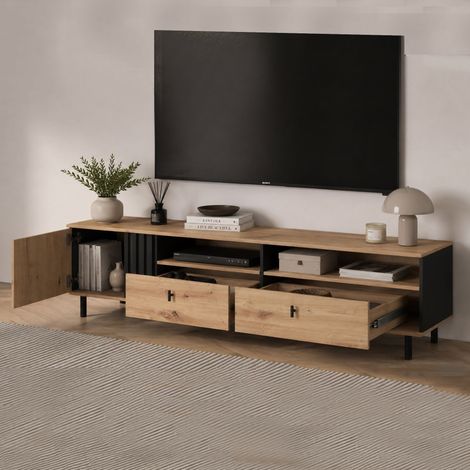 Mobile Porta tv Kalese, 2 Cassetti, 3 Ripiani, Un'anta, 165x40x49h cm Marrone Rovere Nodi (1/5)