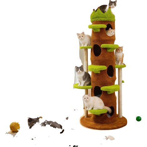 Árbol rascador para gatos, cinco niveles, construcción de madera resistente, verde. (1/2)