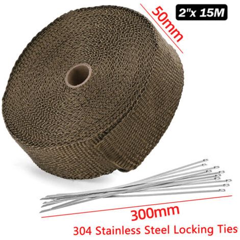 QORVA-15M50mm Ruban Isolant Thermique en Titanium Magma + 10 Attaches de Câble en Acier Inoxydable pour Tuyeau Collecteur Echappement Moto Bande Isolante Thermique