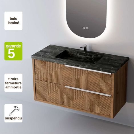 Meuble de salle de bain plan vasque Grès Cérame Noir Allure, 2 Tiroirs Chêne Moyen Poignée Inox Satiné, l60xh54xp45, Effet 3D, REEL (1/3)
