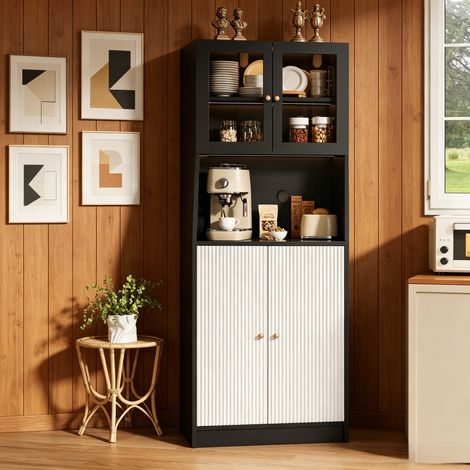 JOOKGBD-Credenza Alta da Cucina,Mobile da Giorno con LED Integrate e Piano di Lavoro,Armadio da Cucina con Ripiani Regolabili e Armadi,Credenza Vetrina per Sala da Pranzo,Nero