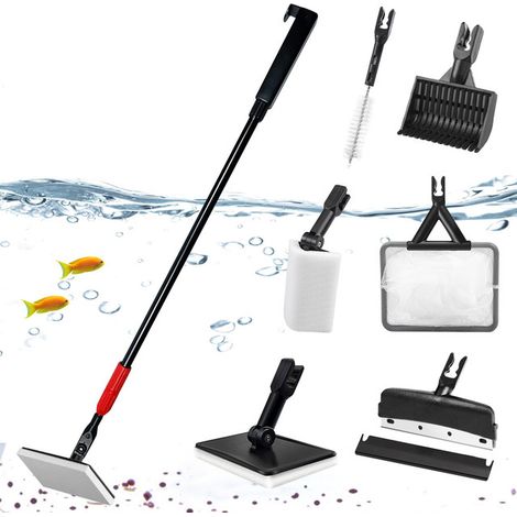 Kit de Nettoyage Multifonctionnel pour Aquarium 5 en 1 avec Manche Télescopique, Brosse et Épuisette