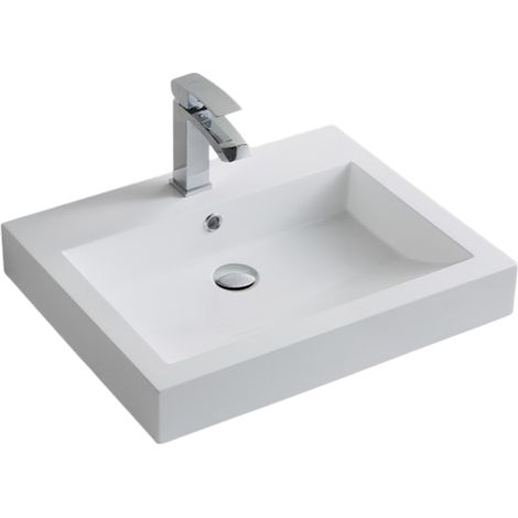 BERNSTEIN - Vasque Lavabo Rectangulaire à poser / suspendre Blanc brillant 60x48x14cm Lave main mural fonte minérale + Bonde pop-up Chrome & trou robinet - BS6049
