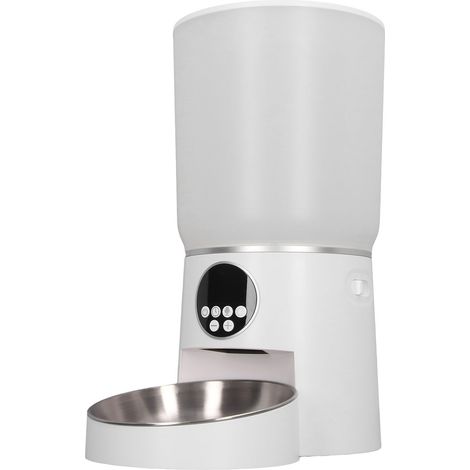 Distributeur automatique de croquettes pour chat, 5 L, à minuterie intelligente et double alimentation, blanc, type bouton. (1/5)
