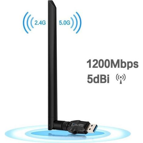 Adaptateur USB WiFi - 1200 Mbps - Double Bande 2,4 GHz / 5,8 GHz - Compatible Windows XP à 10 Linux Mac OS - USB 3.0 - Antenne 5 dBi Amovible - 1 Pièce (1/4)